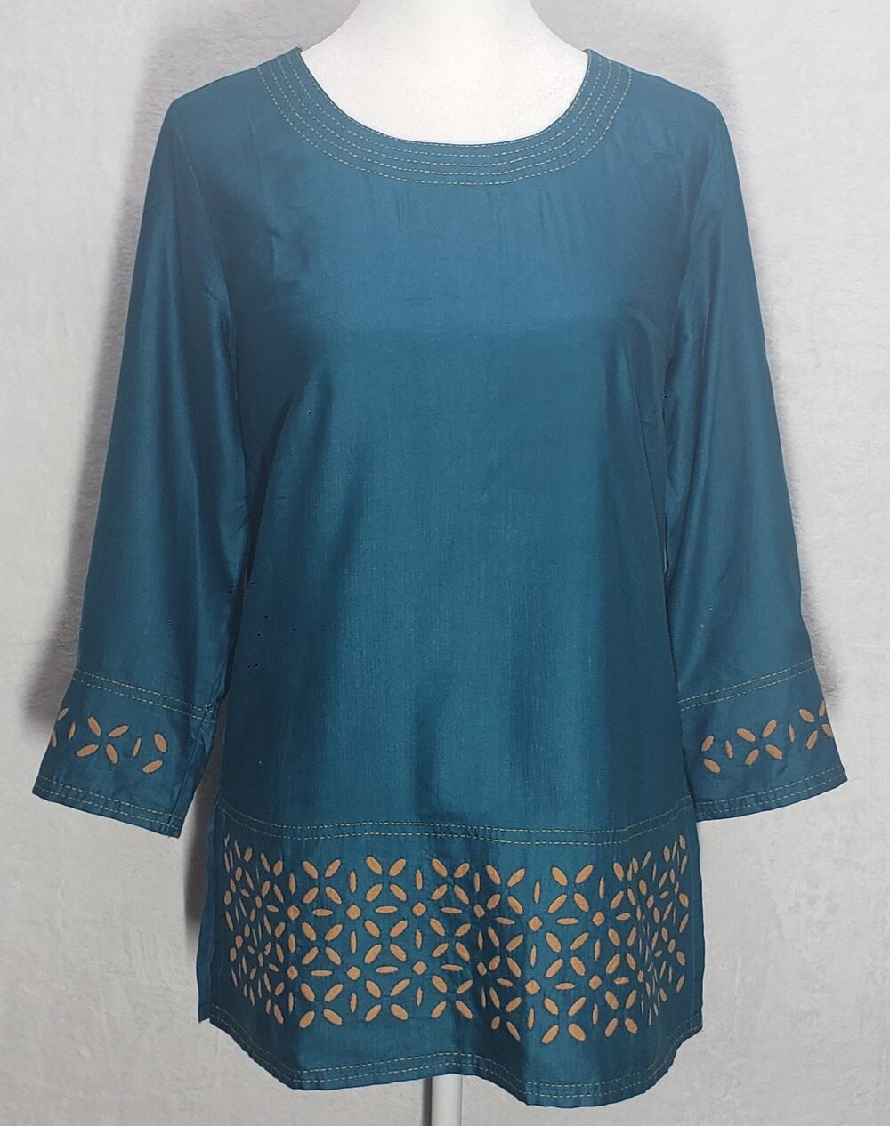 Fabindia Kurti Tunic Top Womens S Deep Teal Cutwork Embroidered Kantha Lagenlook